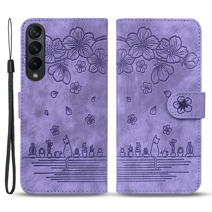 For Samsung Galaxy Z Fold4 5G PU Leather Phone Case Imprinted Cat Stand Wallet Cover with Hand Strap