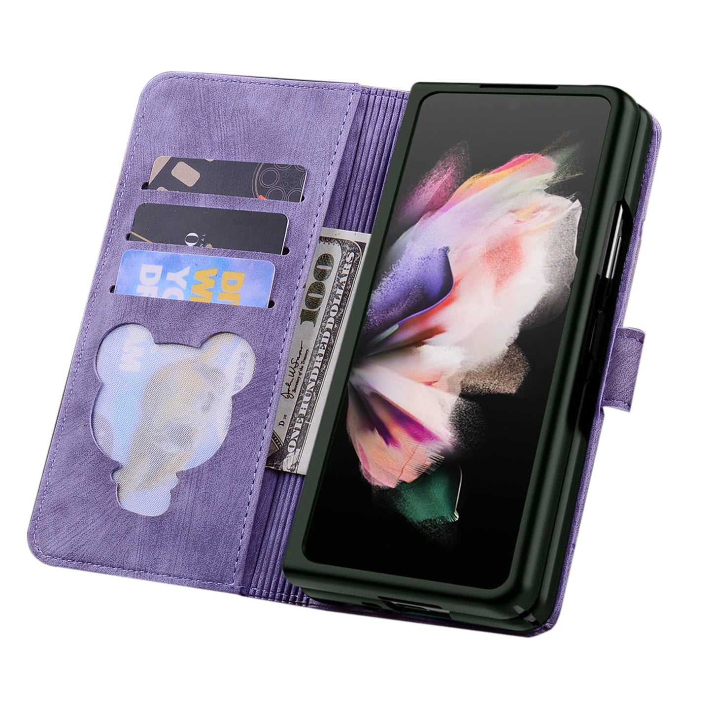 For Samsung Galaxy Z Fold4 5G PU Leather Phone Case Imprinted Cat Stand Wallet Cover with Hand Strap
