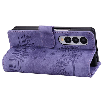 For Samsung Galaxy Z Fold4 5G PU Leather Phone Case Imprinted Cat Stand Wallet Cover with Hand Strap