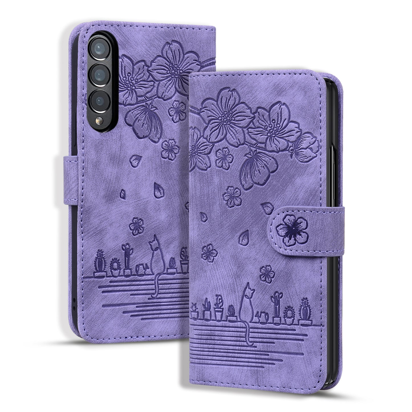 For Samsung Galaxy Z Fold4 5G PU Leather Phone Case Imprinted Cat Stand Wallet Cover with Hand Strap