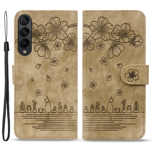 For Samsung Galaxy Z Fold4 5G PU Leather Phone Case Imprinted Cat Stand Wallet Cover with Hand Strap