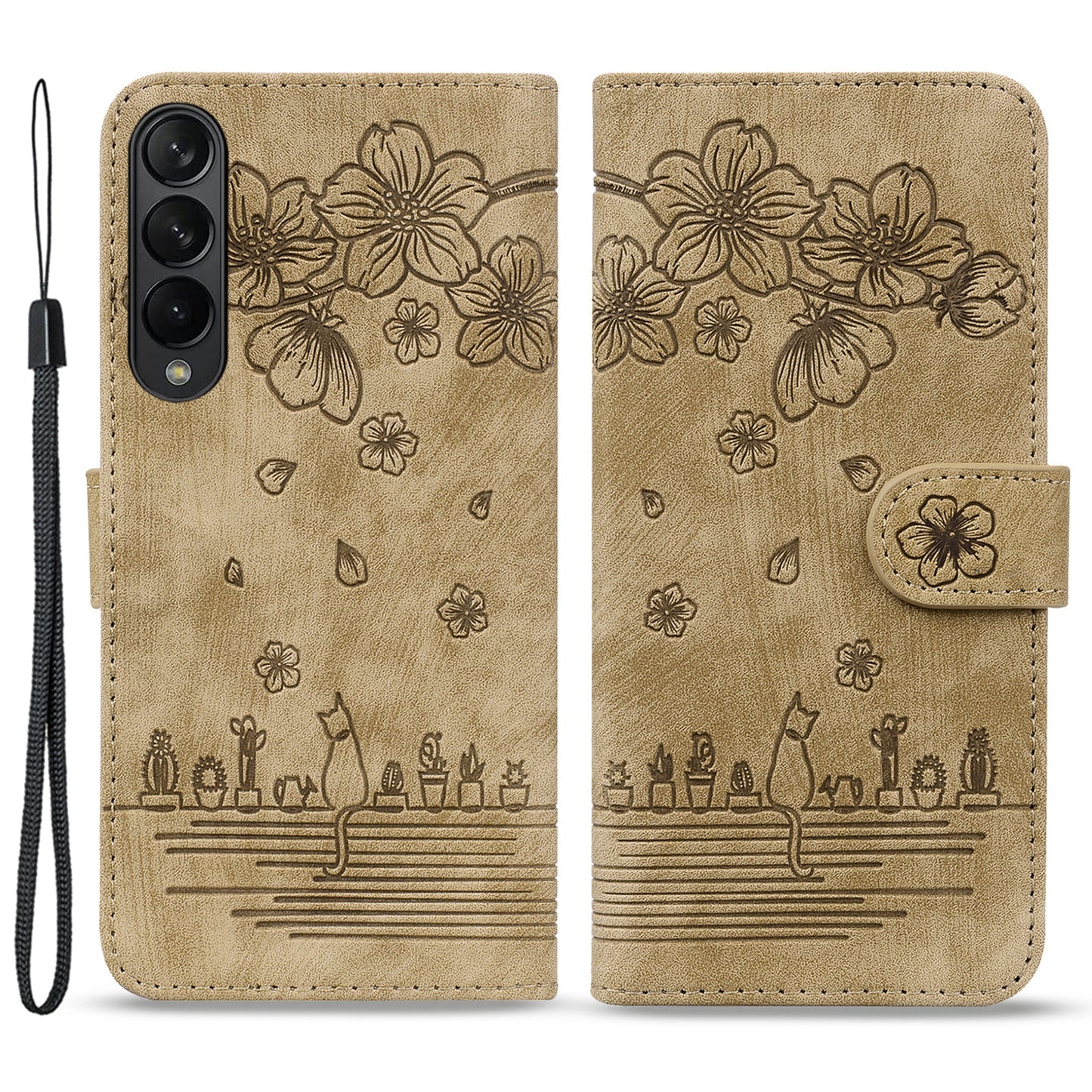 For Samsung Galaxy Z Fold4 5G PU Leather Phone Case Imprinted Cat Stand Wallet Cover with Hand Strap