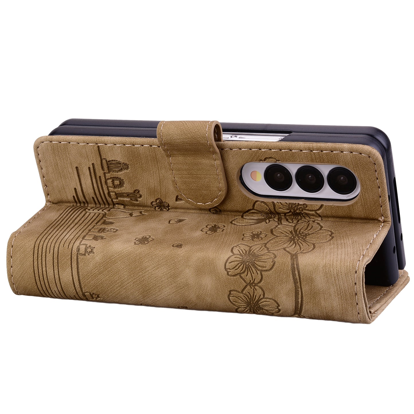 For Samsung Galaxy Z Fold4 5G PU Leather Phone Case Imprinted Cat Stand Wallet Cover with Hand Strap