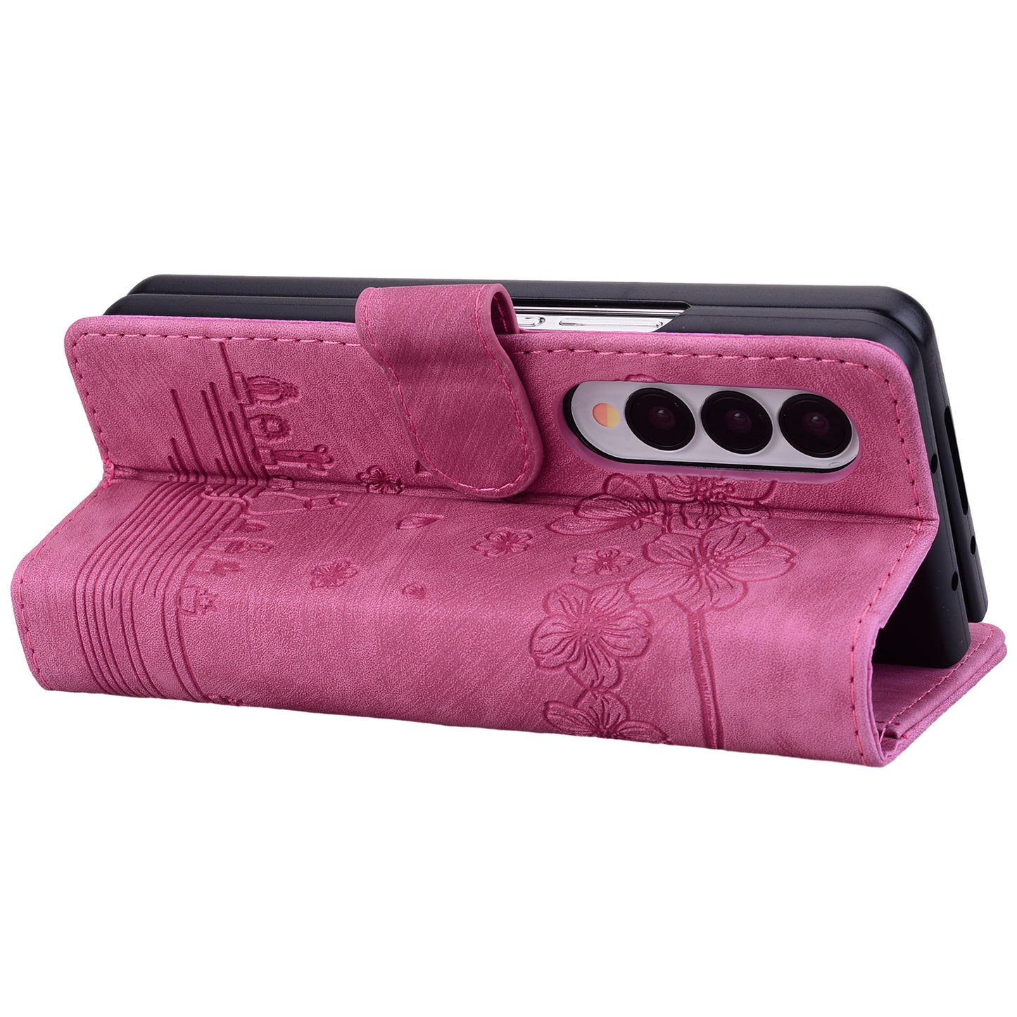 For Samsung Galaxy Z Fold4 5G PU Leather Phone Case Imprinted Cat Stand Wallet Cover with Hand Strap