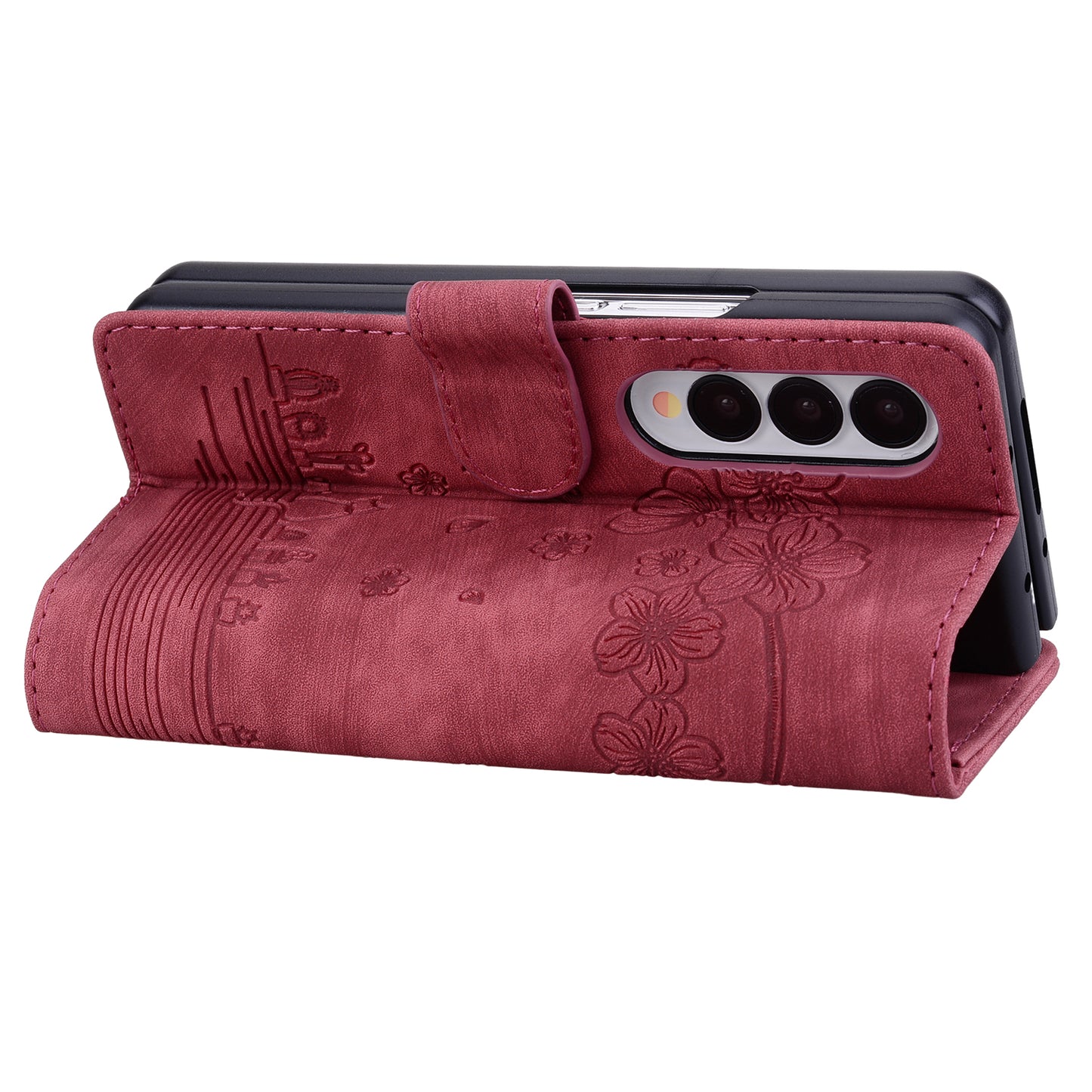 For Samsung Galaxy Z Fold4 5G PU Leather Phone Case Imprinted Cat Stand Wallet Cover with Hand Strap