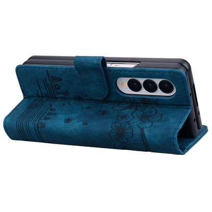 For Samsung Galaxy Z Fold4 5G PU Leather Phone Case Imprinted Cat Stand Wallet Cover with Hand Strap