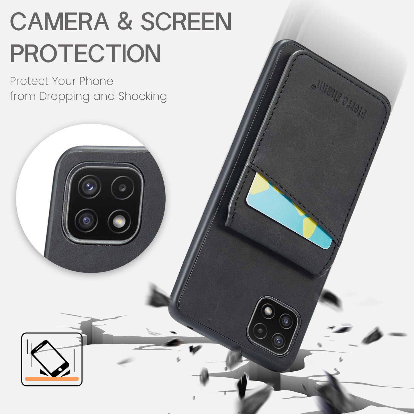 FIERRE SHANN Anti-drop Case for Samsung Galaxy A22 5G (EU Version) Card Slots PU Leather+TPU Phone Kickstand Cover