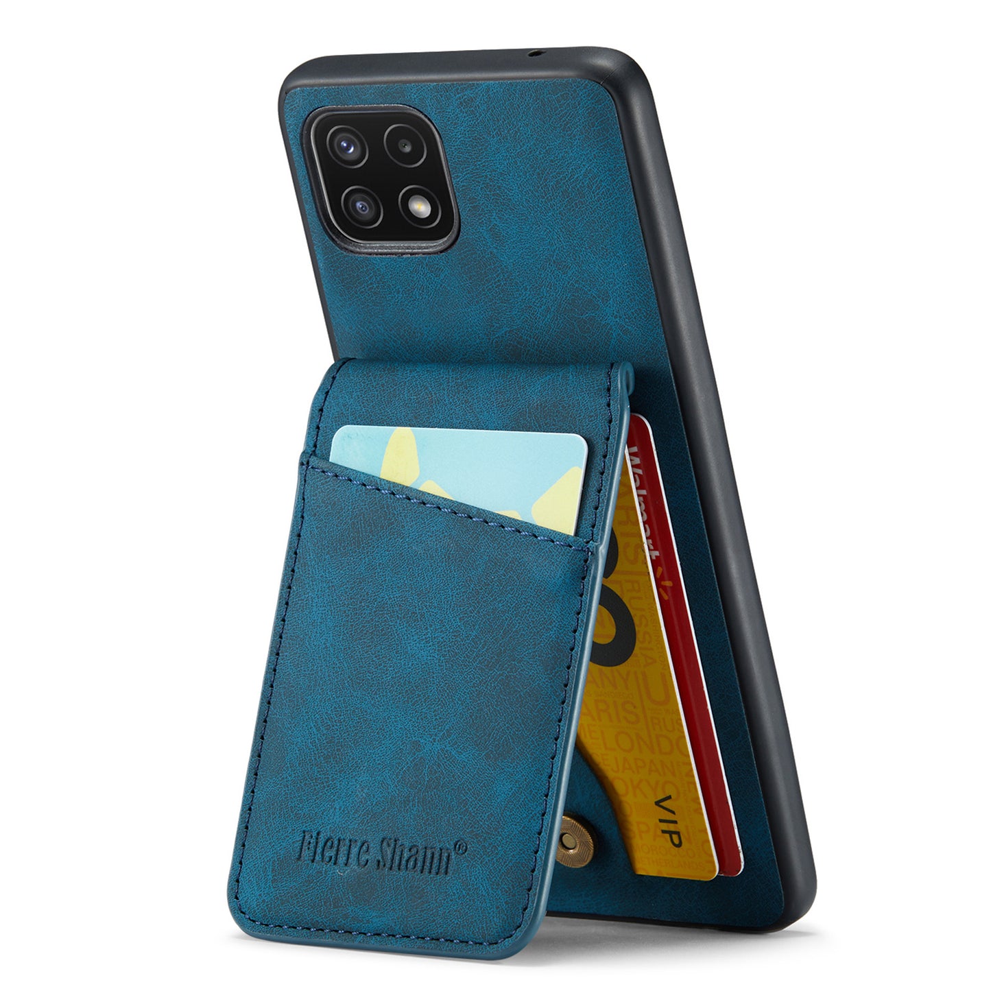 FIERRE SHANN Anti-drop Case for Samsung Galaxy A22 5G (EU Version) Card Slots PU Leather+TPU Phone Kickstand Cover