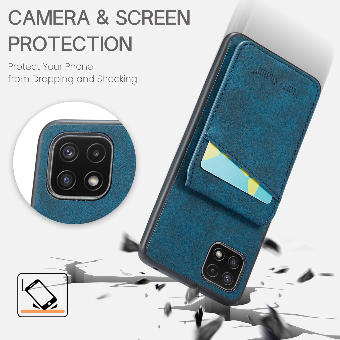 FIERRE SHANN Anti-drop Case for Samsung Galaxy A22 5G (EU Version) Card Slots PU Leather+TPU Phone Kickstand Cover