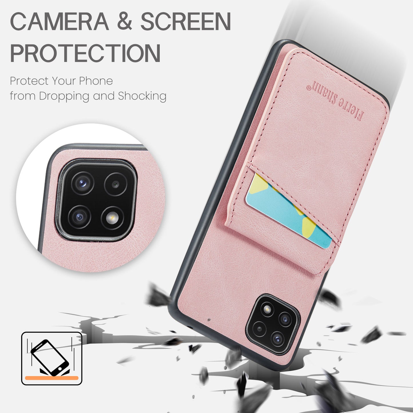 FIERRE SHANN Anti-drop Case for Samsung Galaxy A22 5G (EU Version) Card Slots PU Leather+TPU Phone Kickstand Cover