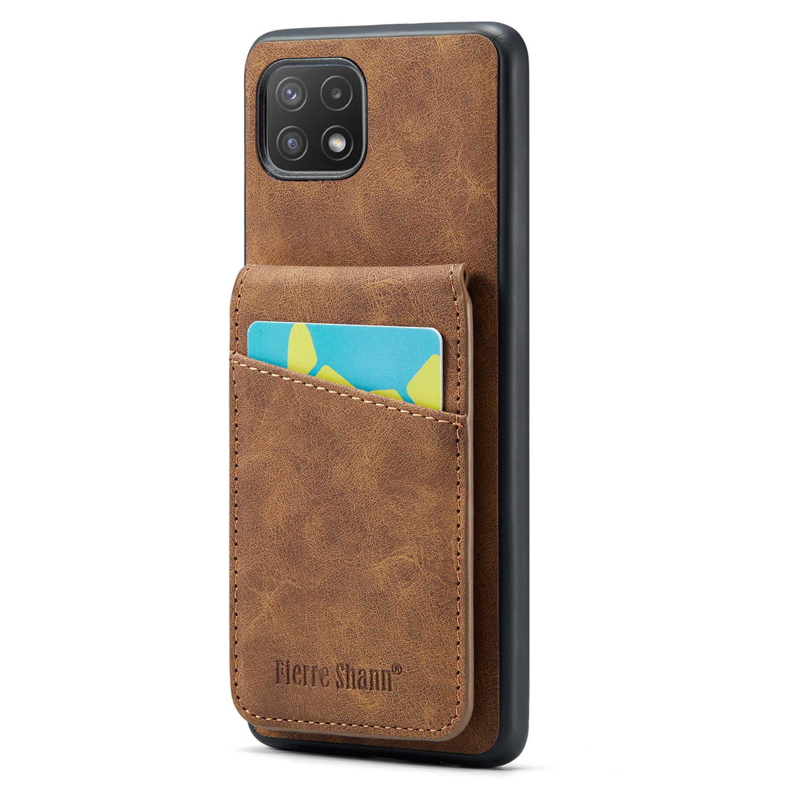 FIERRE SHANN Anti-drop Case for Samsung Galaxy A22 5G (EU Version) Card Slots PU Leather+TPU Phone Kickstand Cover