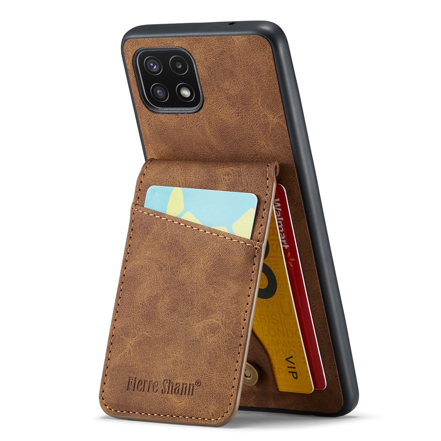 FIERRE SHANN Anti-drop Case for Samsung Galaxy A22 5G (EU Version) Card Slots PU Leather+TPU Phone Kickstand Cover