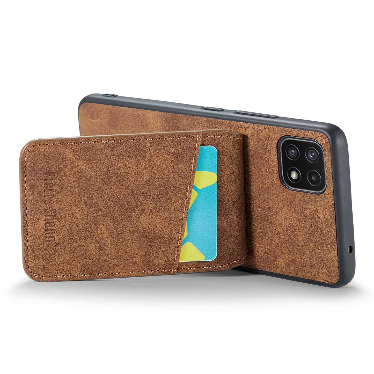 FIERRE SHANN Anti-drop Case for Samsung Galaxy A22 5G (EU Version) Card Slots PU Leather+TPU Phone Kickstand Cover