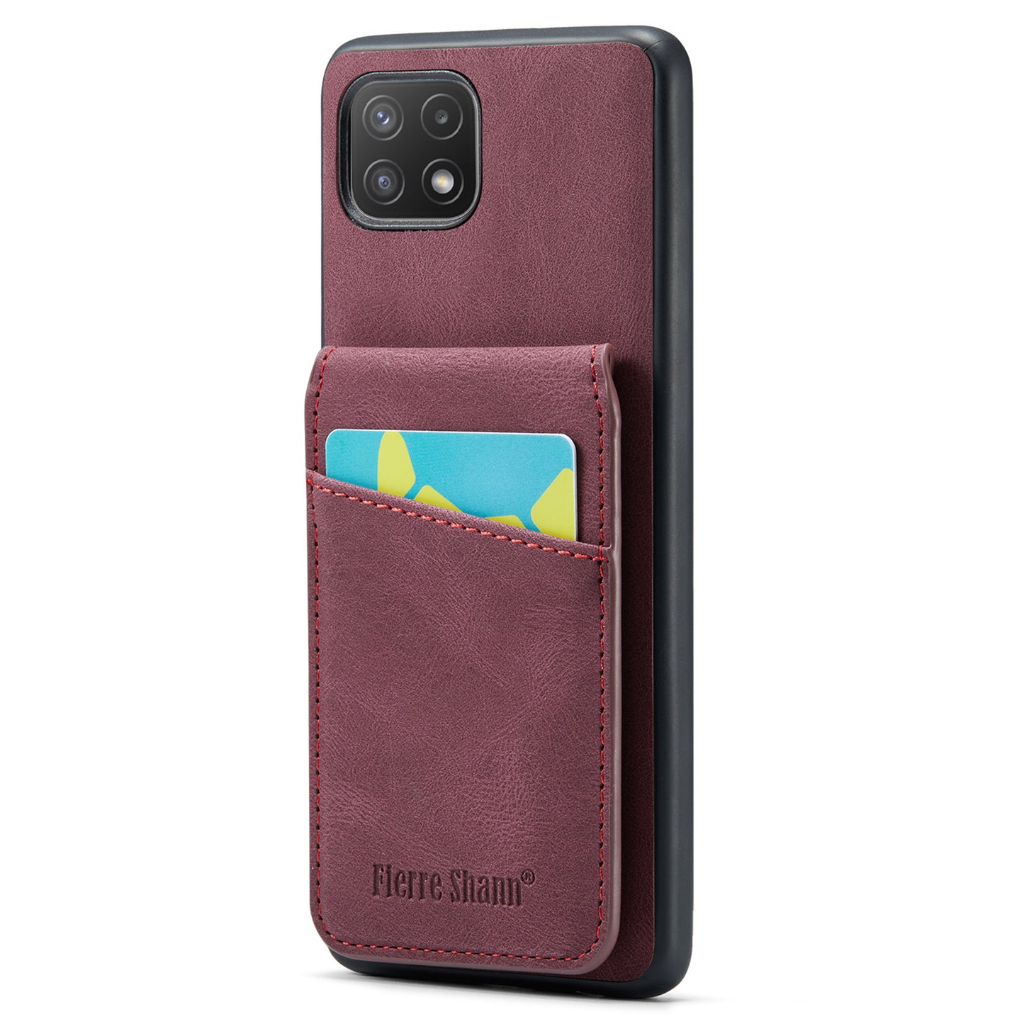 FIERRE SHANN Anti-drop Case for Samsung Galaxy A22 5G (EU Version) Card Slots PU Leather+TPU Phone Kickstand Cover