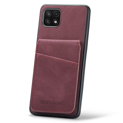 FIERRE SHANN Anti-drop Case for Samsung Galaxy A22 5G (EU Version) Card Slots PU Leather+TPU Phone Kickstand Cover