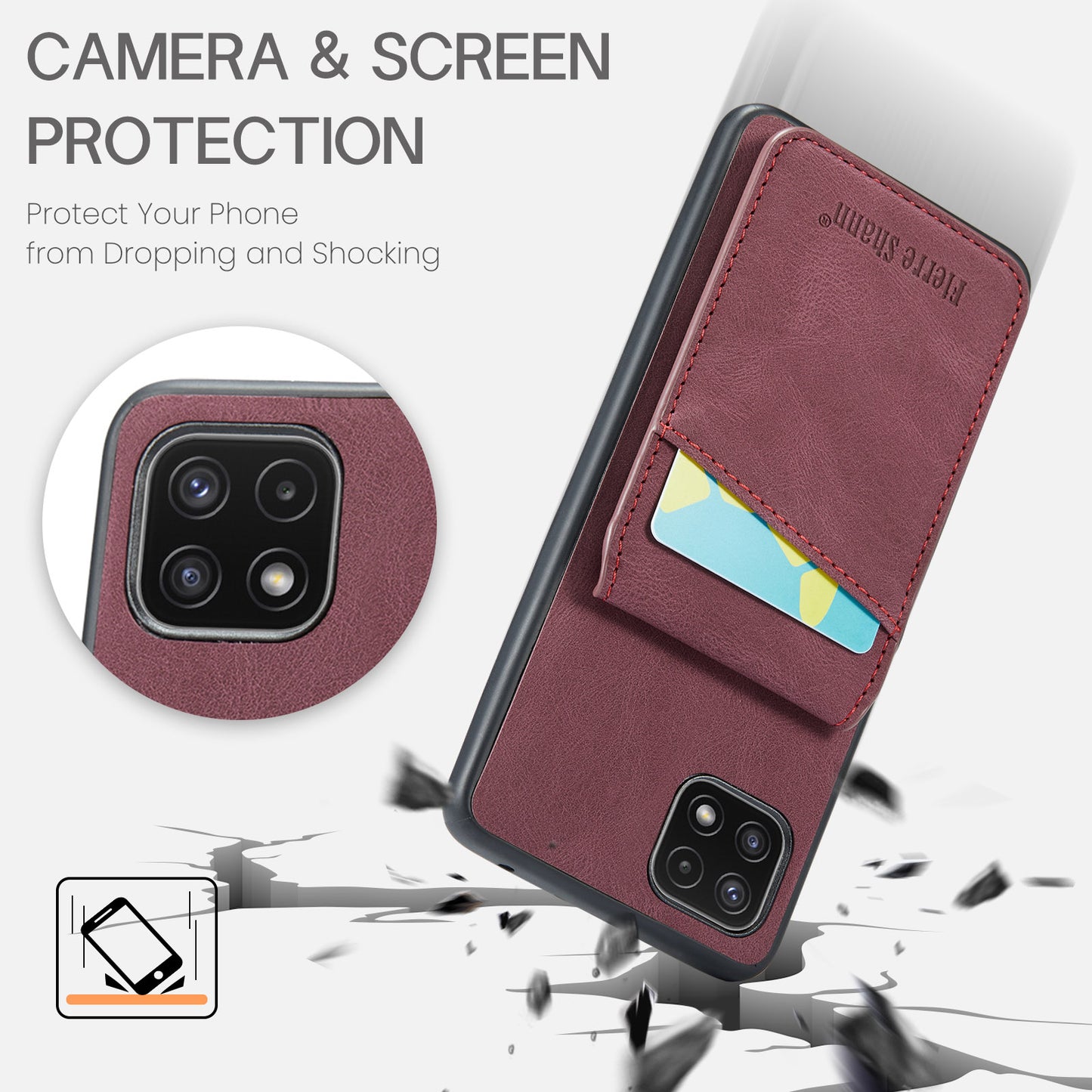 FIERRE SHANN Anti-drop Case for Samsung Galaxy A22 5G (EU Version) Card Slots PU Leather+TPU Phone Kickstand Cover