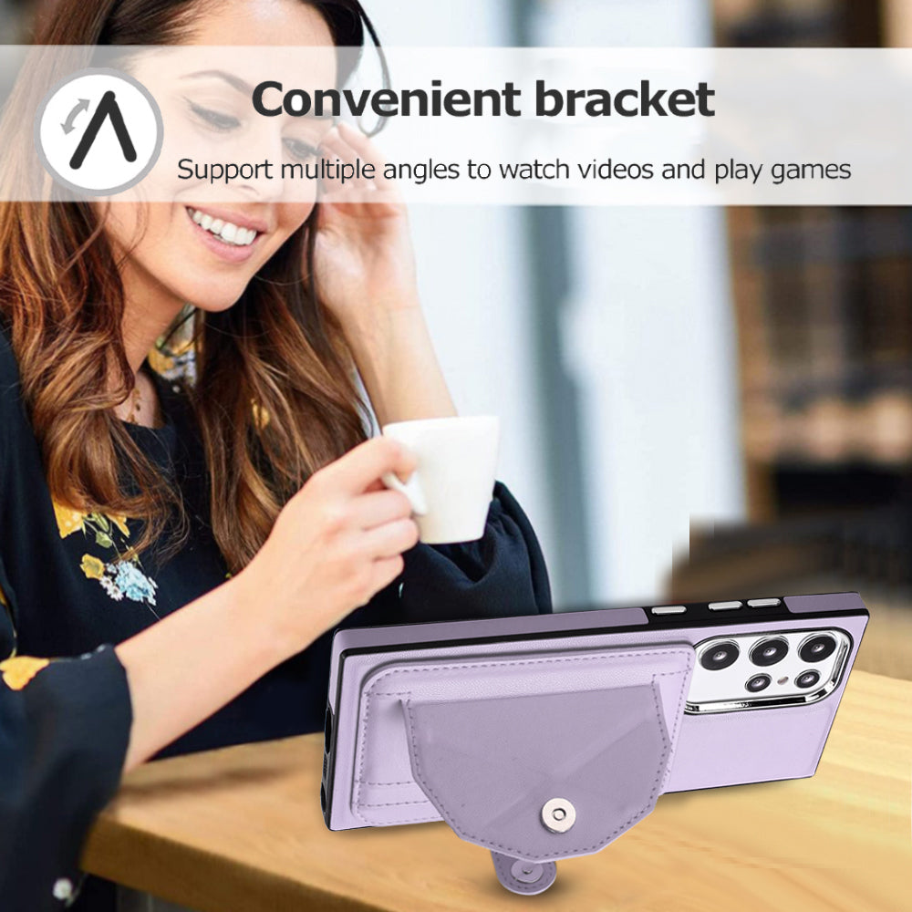 YB Leather Coating Series-4 Kickstand Case for Samsung Galaxy S23 Ultra Card Slots Leather Coated TPU Phone Cover