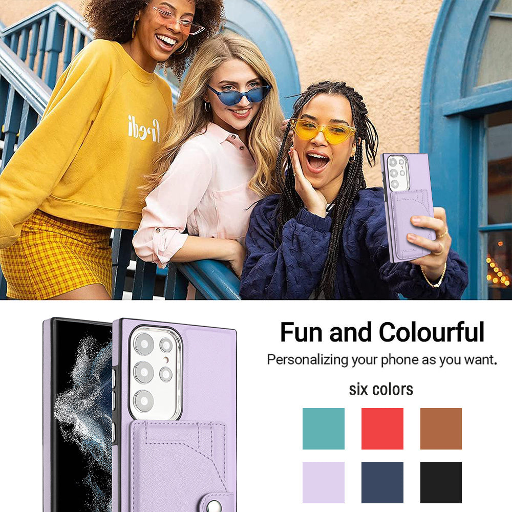 YB Leather Coating Series-4 Kickstand Case for Samsung Galaxy S23 Ultra Card Slots Leather Coated TPU Phone Cover