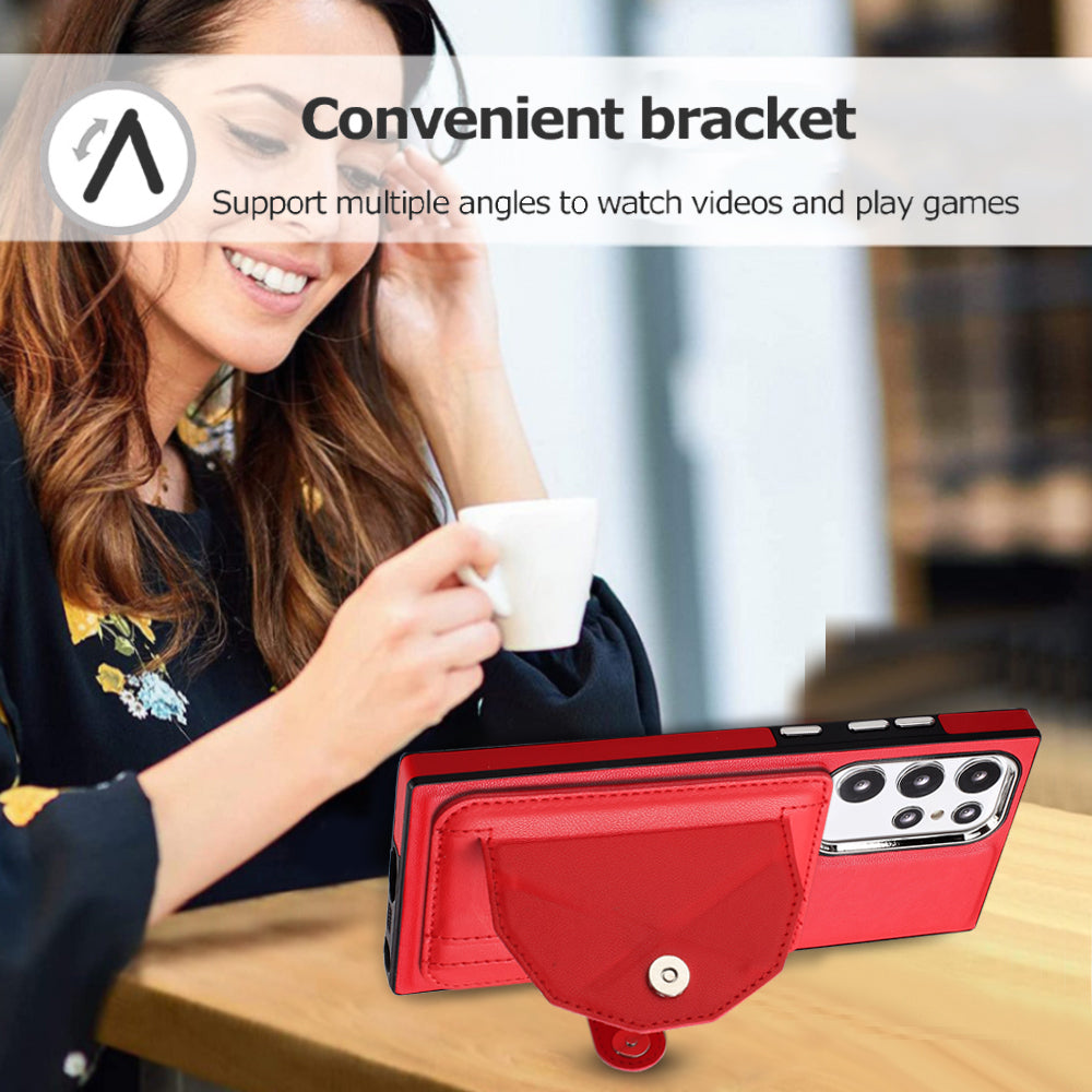 YB Leather Coating Series-4 Kickstand Case for Samsung Galaxy S23 Ultra Card Slots Leather Coated TPU Phone Cover