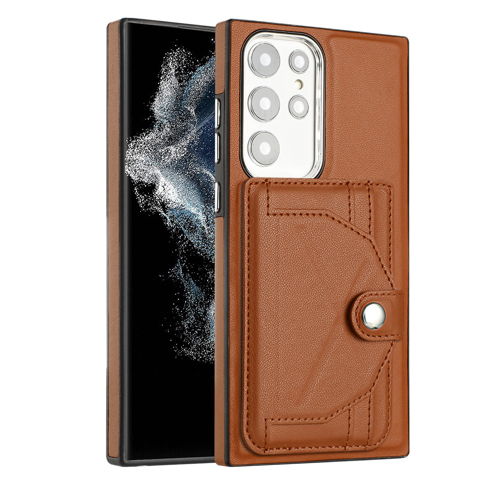 YB Leather Coating Series-4 Kickstand Case for Samsung Galaxy S23 Ultra Card Slots Leather Coated TPU Phone Cover