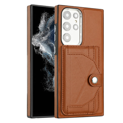 YB Leather Coating Series-4 Kickstand Case for Samsung Galaxy S23 Ultra Card Slots Leather Coated TPU Phone Cover