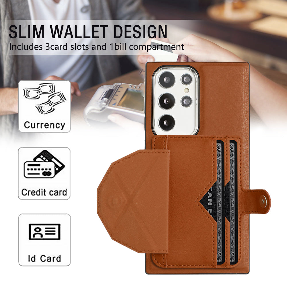 YB Leather Coating Series-4 Kickstand Case for Samsung Galaxy S23 Ultra Card Slots Leather Coated TPU Phone Cover