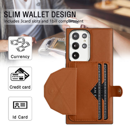 YB Leather Coating Series-4 Kickstand Case for Samsung Galaxy S23 Ultra Card Slots Leather Coated TPU Phone Cover
