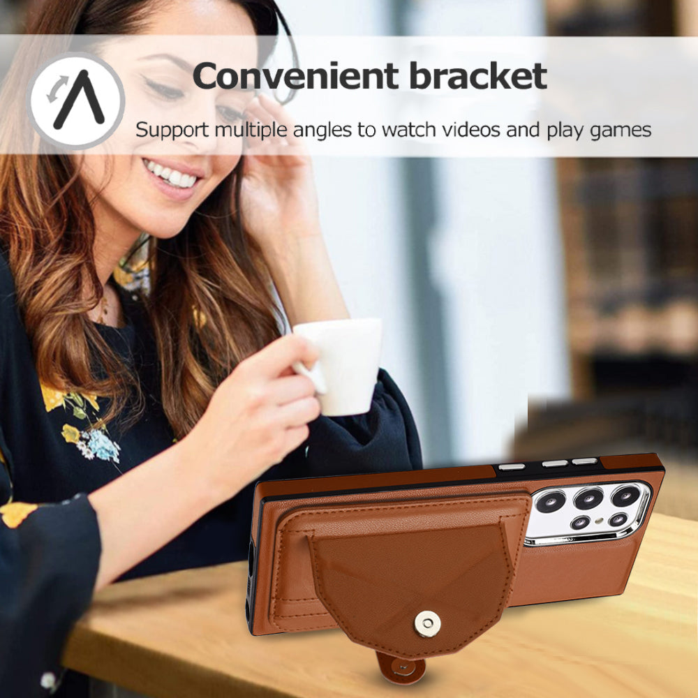 YB Leather Coating Series-4 Kickstand Case for Samsung Galaxy S23 Ultra Card Slots Leather Coated TPU Phone Cover