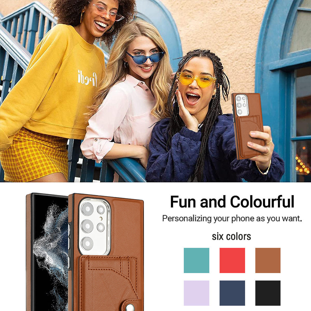 YB Leather Coating Series-4 Kickstand Case for Samsung Galaxy S23 Ultra Card Slots Leather Coated TPU Phone Cover