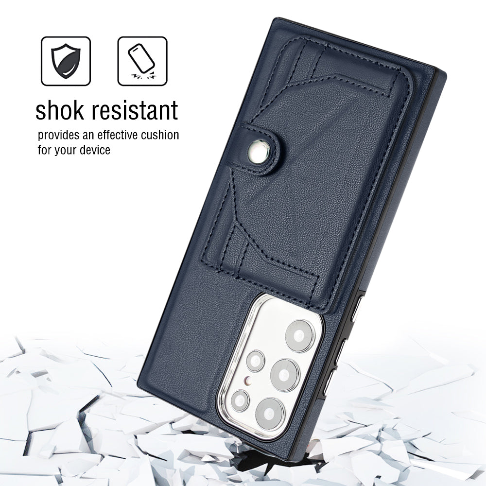 YB Leather Coating Series-4 Kickstand Case for Samsung Galaxy S23 Ultra Card Slots Leather Coated TPU Phone Cover