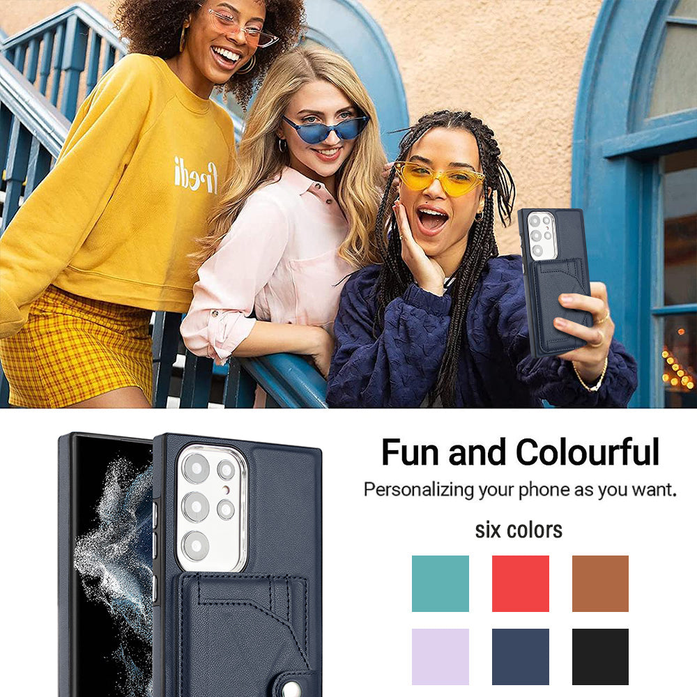 YB Leather Coating Series-4 Kickstand Case for Samsung Galaxy S23 Ultra Card Slots Leather Coated TPU Phone Cover