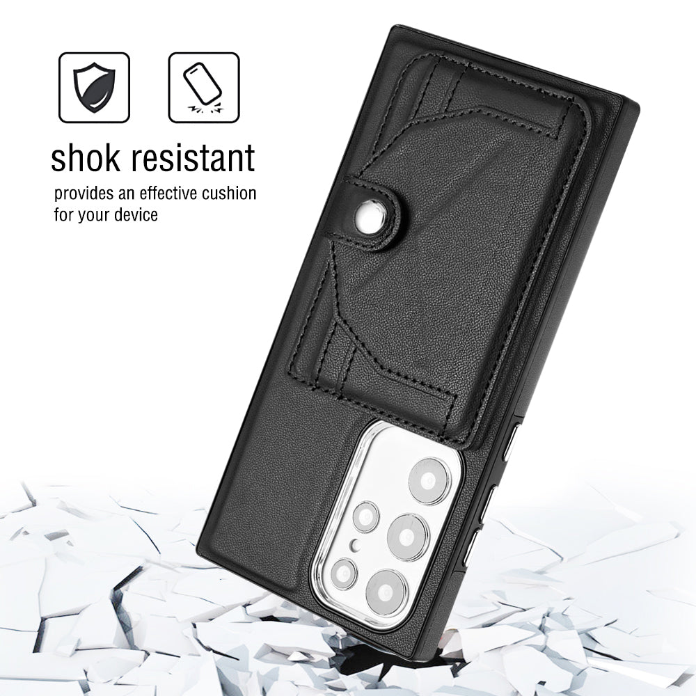 YB Leather Coating Series-4 Kickstand Case for Samsung Galaxy S23 Ultra Card Slots Leather Coated TPU Phone Cover