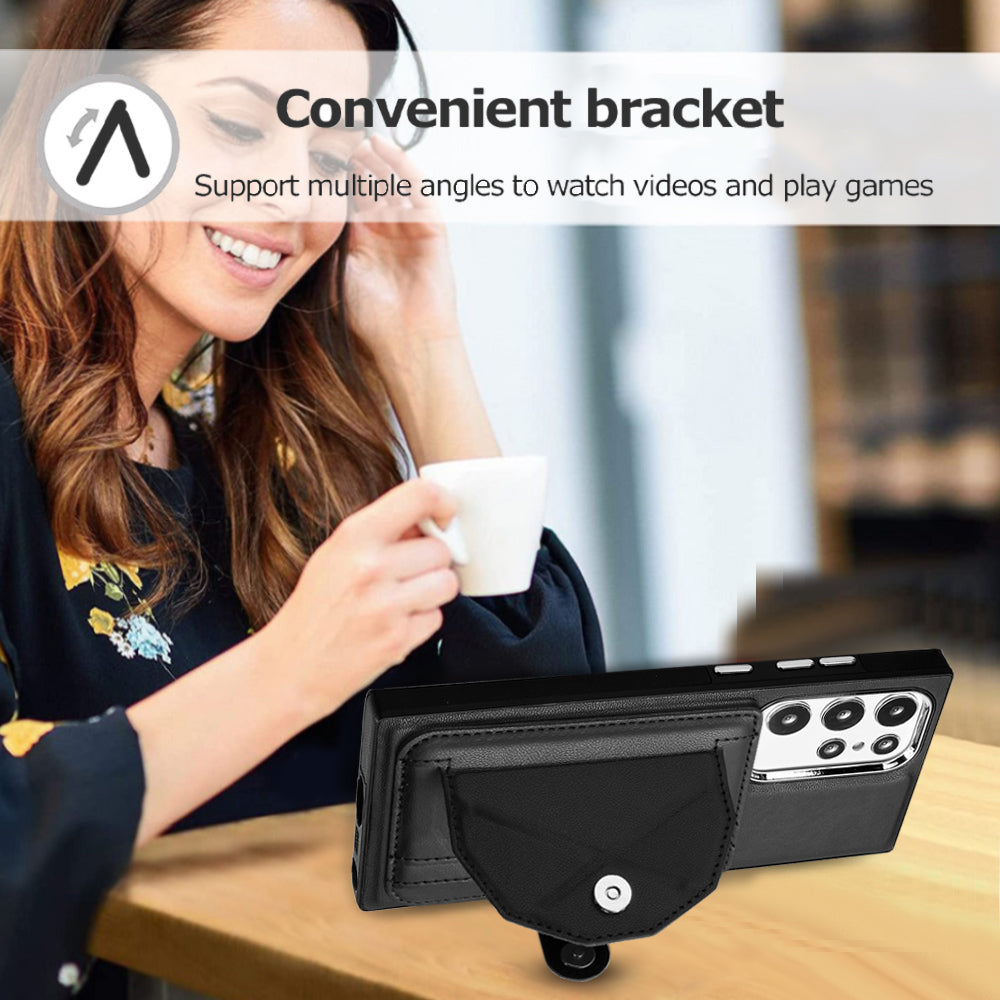 YB Leather Coating Series-4 Kickstand Case for Samsung Galaxy S23 Ultra Card Slots Leather Coated TPU Phone Cover