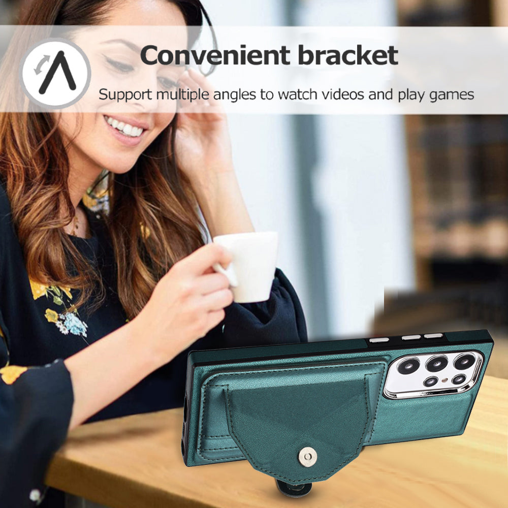 YB Leather Coating Series-4 Kickstand Case for Samsung Galaxy S23 Ultra Card Slots Leather Coated TPU Phone Cover