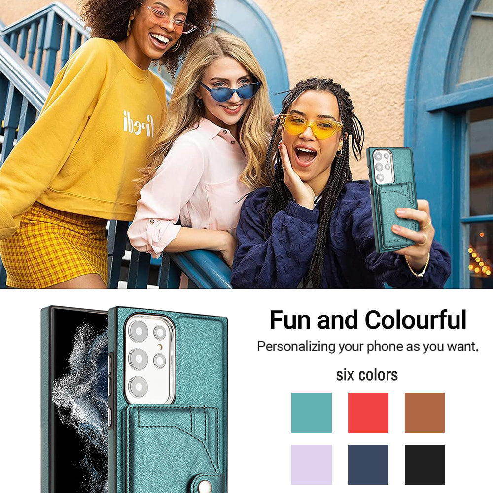 YB Leather Coating Series-4 Kickstand Case for Samsung Galaxy S23 Ultra Card Slots Leather Coated TPU Phone Cover