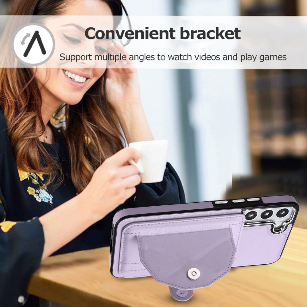 YB Leather Coating Series-4 for Samsung Galaxy S21 FE 5G Card Holder Case Kickstand PU Leather Coated TPU Phone Cover