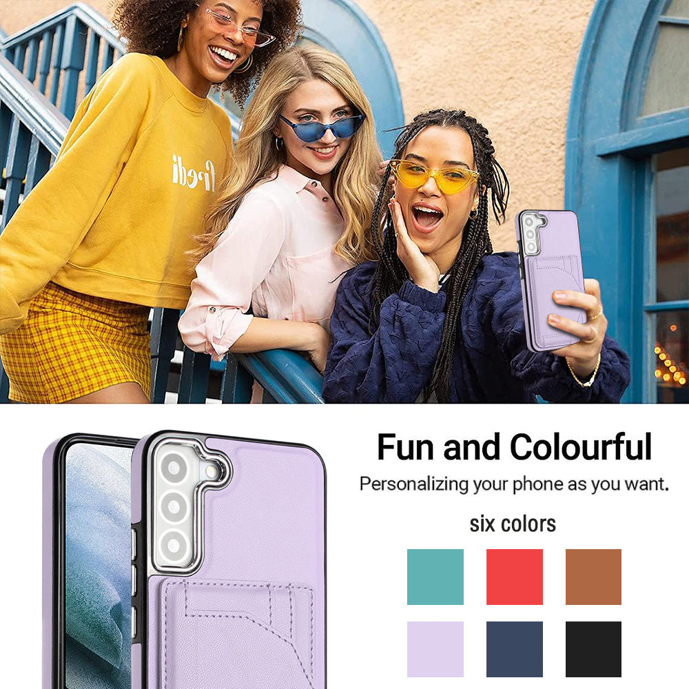 YB Leather Coating Series-4 for Samsung Galaxy S21 FE 5G Card Holder Case Kickstand PU Leather Coated TPU Phone Cover