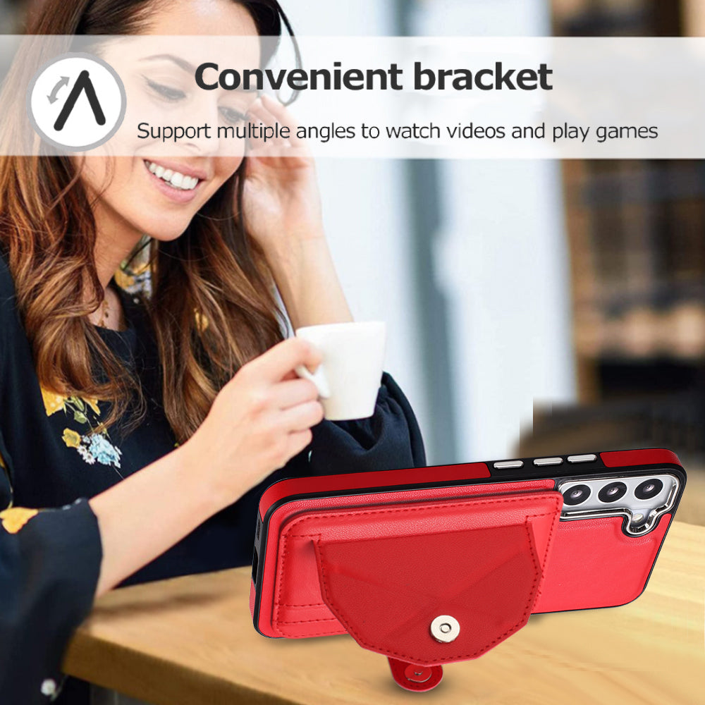 YB Leather Coating Series-4 for Samsung Galaxy S21 FE 5G Card Holder Case Kickstand PU Leather Coated TPU Phone Cover