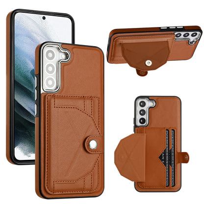 YB Leather Coating Series-4 for Samsung Galaxy S21 FE 5G Card Holder Case Kickstand PU Leather Coated TPU Phone Cover