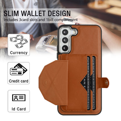 YB Leather Coating Series-4 for Samsung Galaxy S21 FE 5G Card Holder Case Kickstand PU Leather Coated TPU Phone Cover