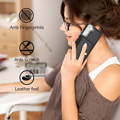 YB Leather Coating Series-4 for Samsung Galaxy S21 FE 5G Card Holder Case Kickstand PU Leather Coated TPU Phone Cover