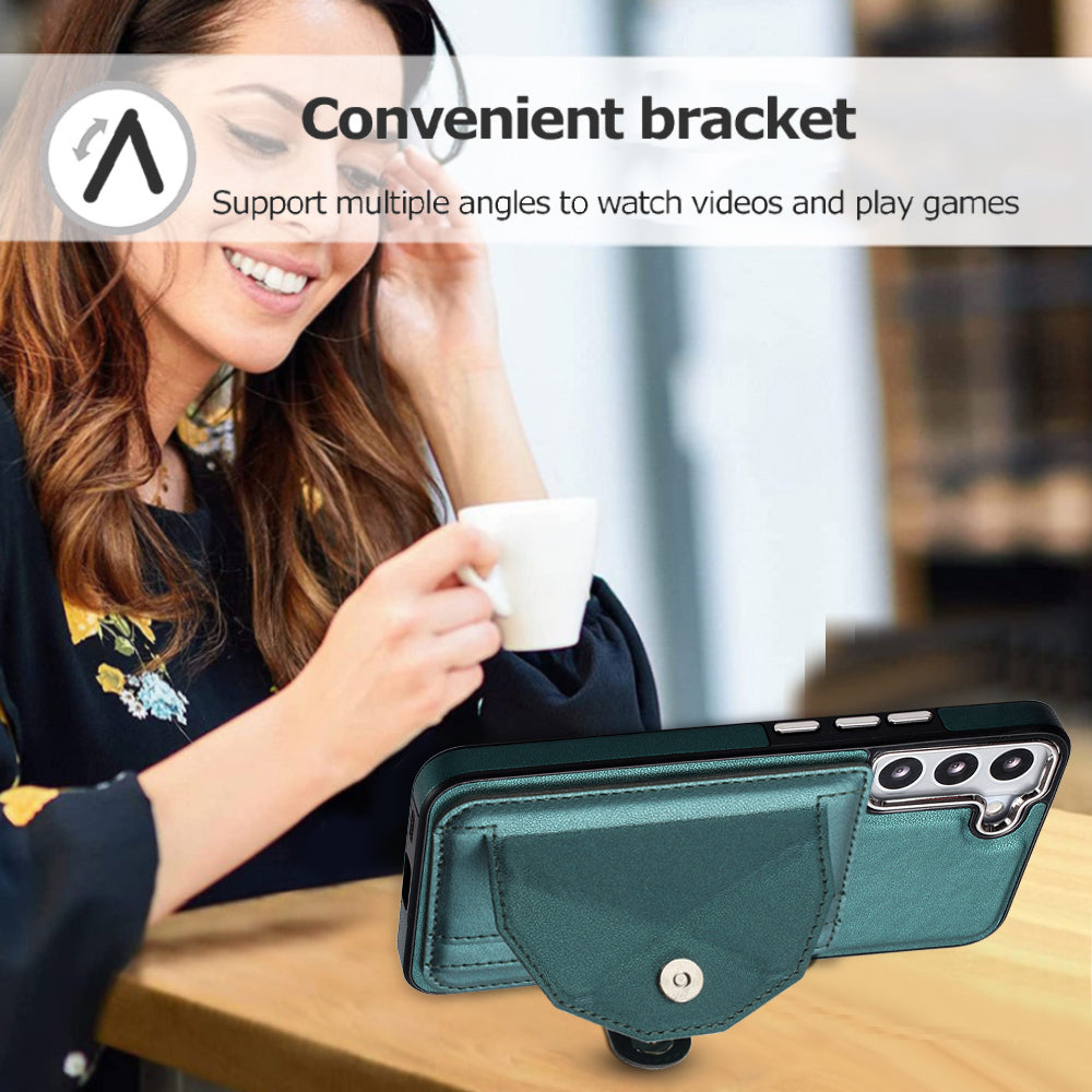 YB Leather Coating Series-4 for Samsung Galaxy S21 FE 5G Card Holder Case Kickstand PU Leather Coated TPU Phone Cover