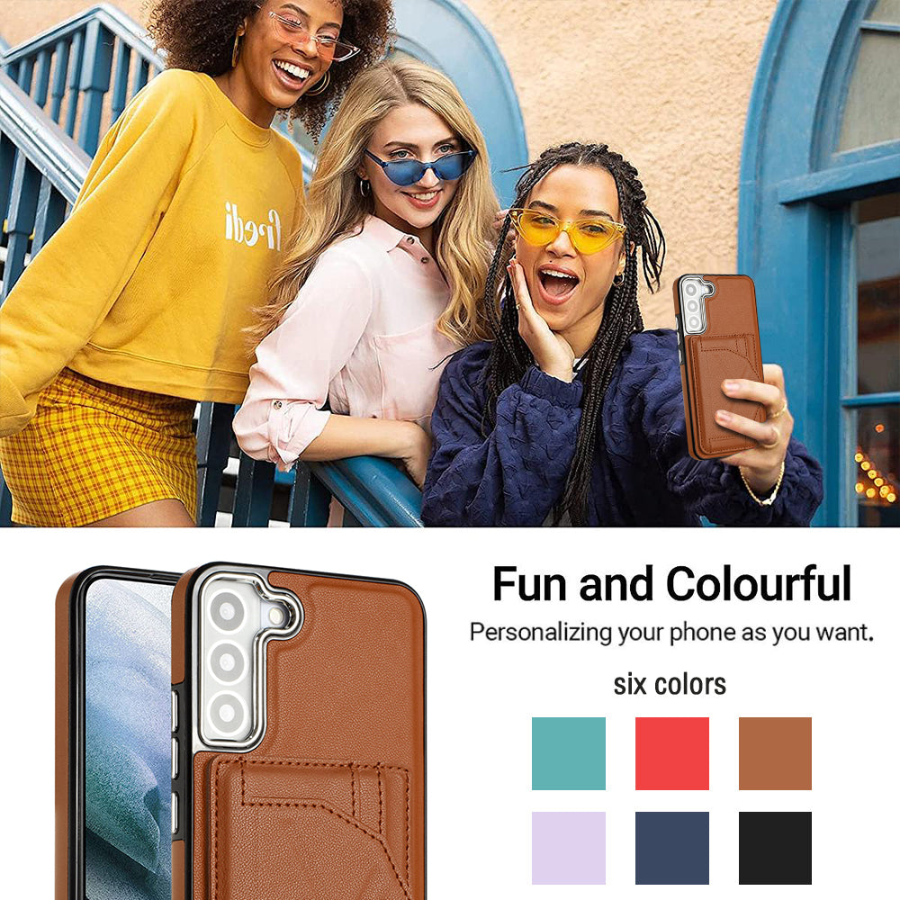 YB Leather Coating Series-4 for Samsung Galaxy S22 5G Phone Case Kickstand Card Holder Leather Coated TPU Cover