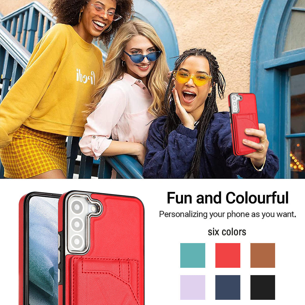 YB Leather Coating Series-4 for Samsung Galaxy S22 5G Phone Case Kickstand Card Holder Leather Coated TPU Cover