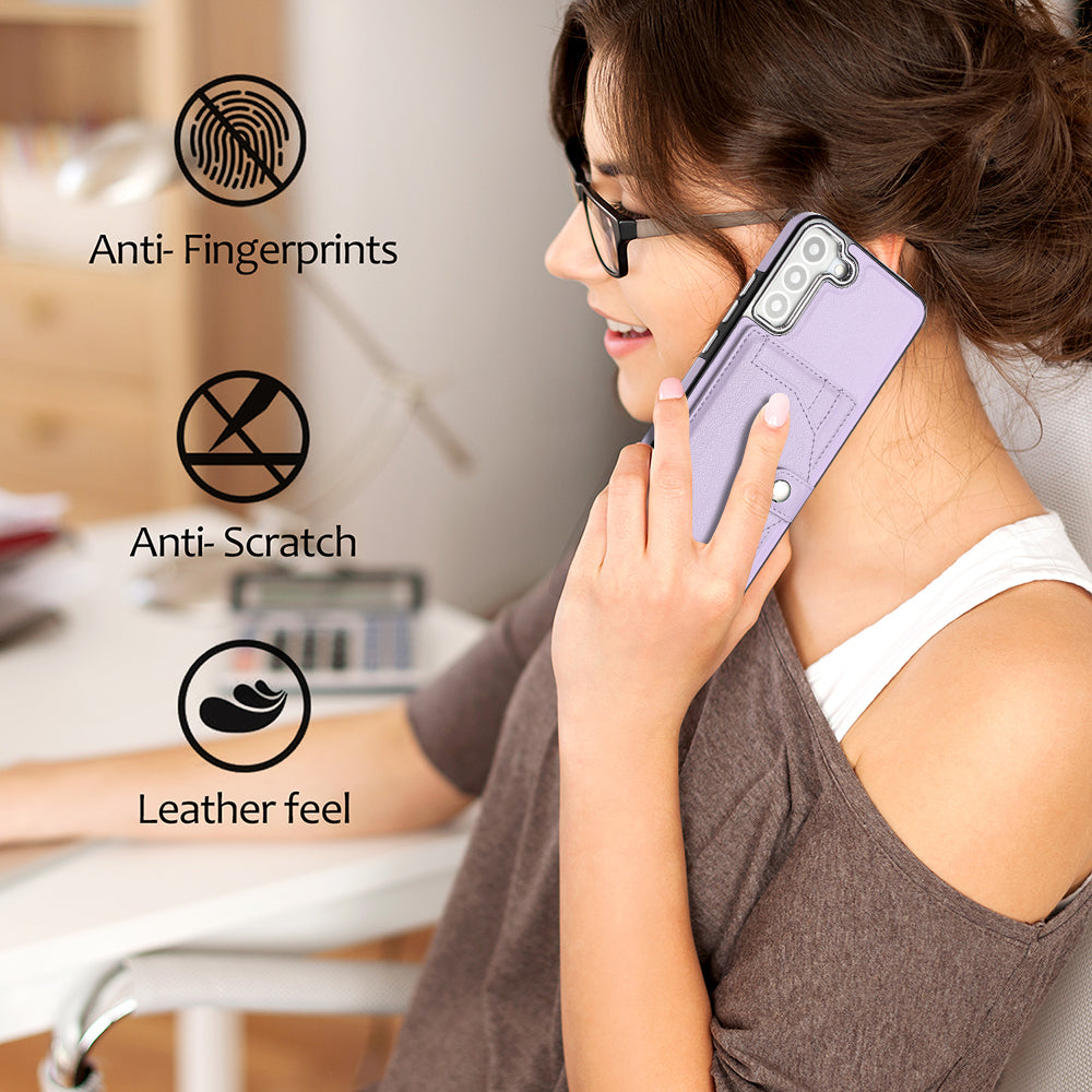 YB Leather Coating Series-4 for Samsung Galaxy S22 5G Phone Case Kickstand Card Holder Leather Coated TPU Cover