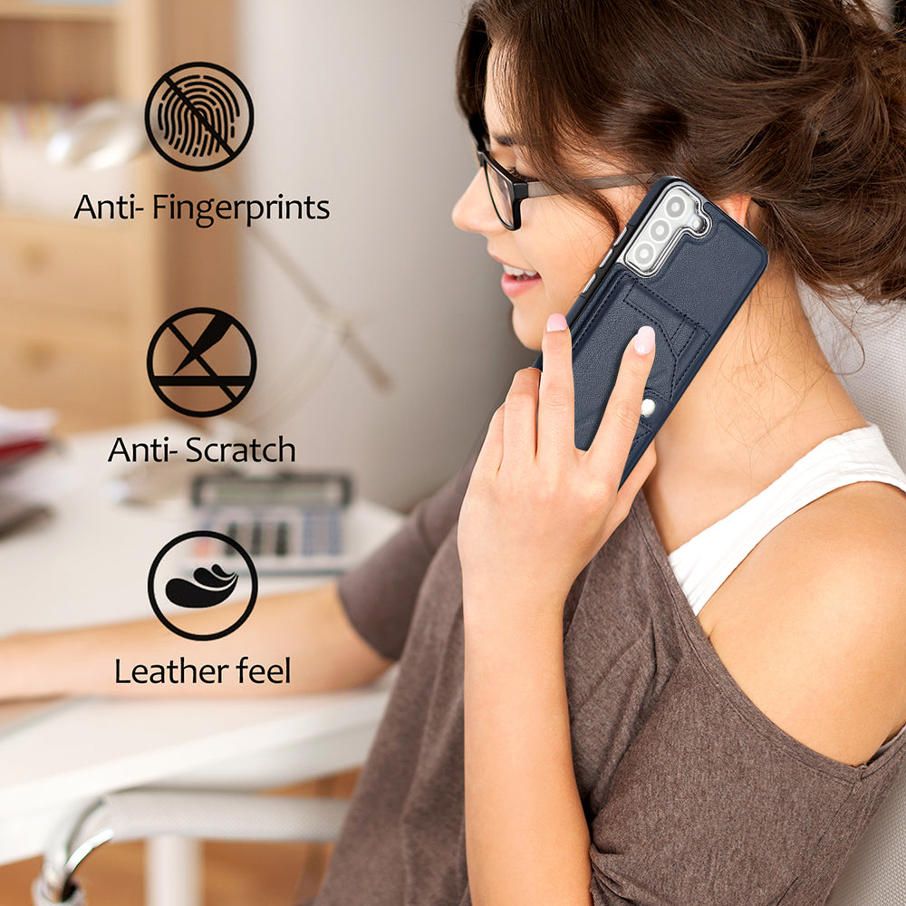 YB Leather Coating Series-4 for Samsung Galaxy S22 5G Phone Case Kickstand Card Holder Leather Coated TPU Cover