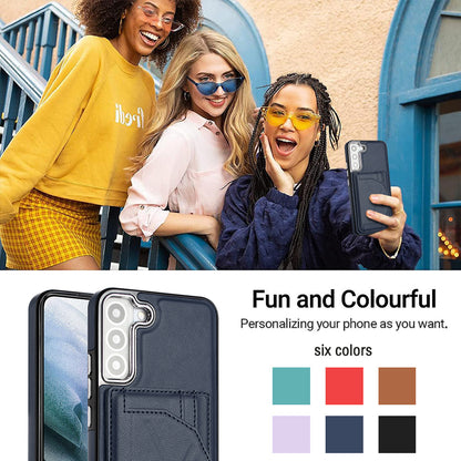 YB Leather Coating Series-4 for Samsung Galaxy S22 5G Phone Case Kickstand Card Holder Leather Coated TPU Cover