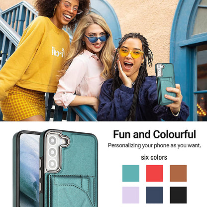 YB Leather Coating Series-4 for Samsung Galaxy S22 5G Phone Case Kickstand Card Holder Leather Coated TPU Cover