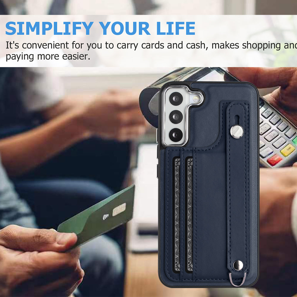 YB Leather Coating Series-5 For Samsung Galaxy S22 5G Card Slots Scratch-proof Cover Leather Coated TPU Kickstand Case
