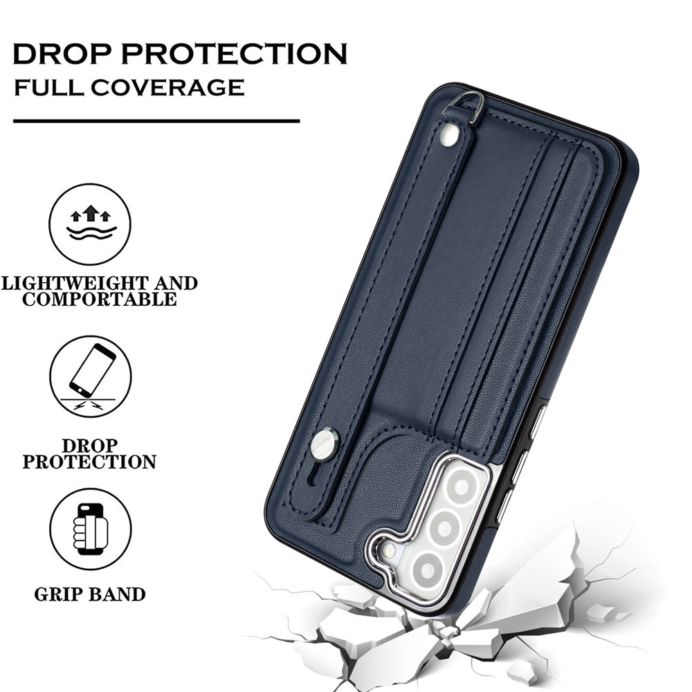 YB Leather Coating Series-5 For Samsung Galaxy S22 5G Card Slots Scratch-proof Cover Leather Coated TPU Kickstand Case